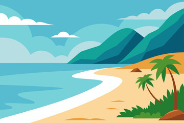 Obraz premium Serene Coastal Escape Tropical Beach and Mountain Vista Illustration