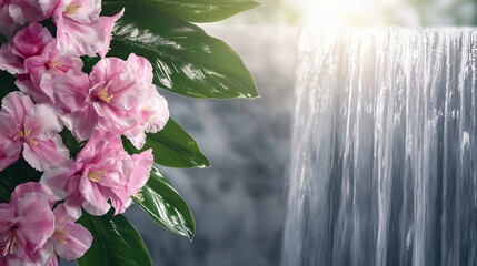 tropical waterfall cascading in humid forest, vibrant flowers in sunlight, misty atmosphere