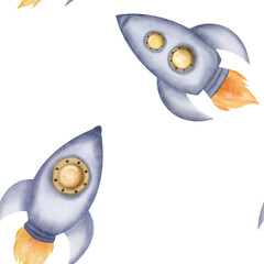 Beautiful gray space rockets, spaceships on cloudy white background, seamless pattern. Watercolor digital illustration. Cute for the kids design, decoration of clothes,room, textile
