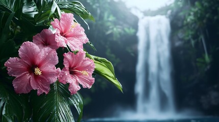 tropical waterfall cascading in humid forest, vibrant flowers in sunlight, misty atmosphere