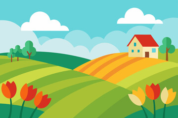 Obraz premium Serene Spring Countryside Landscape Rolling Hills, Farm House, and Blooming Tulips