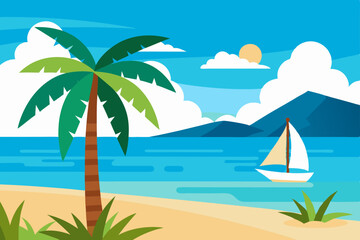 Obraz premium Tropical Beach Paradise Sailboat on Calm Ocean, Palm Trees and Sunny Sky