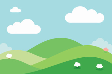 Fototapeta premium Serene Rolling Hills Landscape A Picturesque Pastoral Scene of Green Meadows and Fluffy Clouds