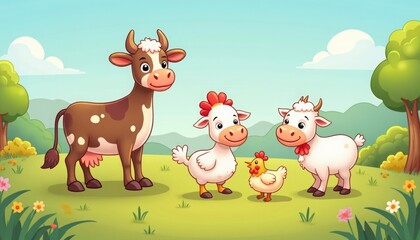 Naklejka premium Adorable cartoon farm animals enjoying a sunny day in a vibrant green field