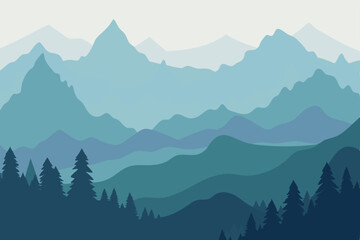 Fototapeta premium Serene Mountain Landscape Blue Hues and Misty Peaks Illustration