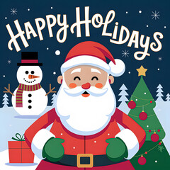 Happy holidays santa snowman christmas tree illustration