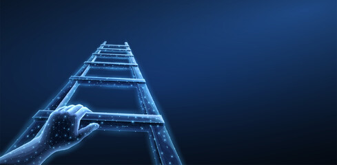Digital stair with man hand. Career ladder, business growth, success stairs.