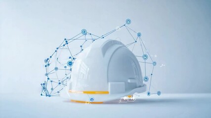 Modern Hard Hat with Network: A pristine hard hat, symbolizing industry and safety, is intertwined with a digital network, representing innovation and connectivity. - Powered by Adobe