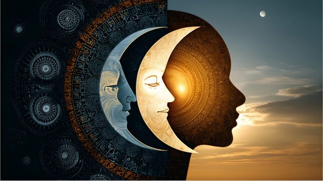 Symbolische Darstellung der Mondphasen mit menschlichem Gesicht
