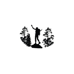 Silhouette of a hiker standing on a rock in a forest on white background