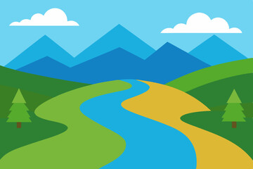 Obraz premium Serene River Valley Landscape Picturesque Mountains, Winding River, and Lush Green Hills