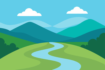 Obraz premium Serene Mountain Landscape A picturesque view of rolling hills, a winding river, and a clear blue sky
