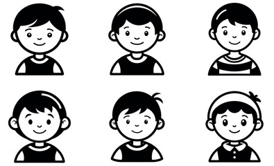 Cartoon Boys Black and White Illustrations Characters, Avatars, Design Elements for Kids