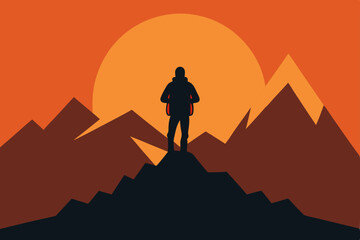 Sunset Mountaintop Silhouette of a Hiker Contemplating the Vast Landscape