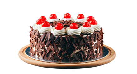 A black forest cake with whipped cream and cherries on a wooden board against a black background