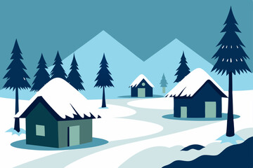 Fototapeta premium Serene Winter Village Snow-Covered Houses and Majestic Mountains