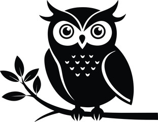 Owl with a tree branch silhouette, 
Elegant owl perched on a tree branch vector illustration