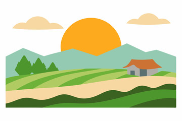 Fototapeta premium Serene Sunrise Landscape Rolling Hills, Farm, and Majestic Mountains