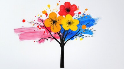 Abstract Colorful Tree with Vibrant Flowers on Gray Textured Background