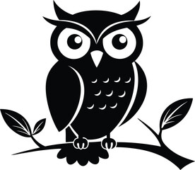 Owl with a tree branch silhouette, 
Elegant owl perched on a tree branch vector illustration