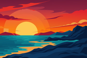 Vibrant Sunset over Ocean Coastal Landscape Illustration