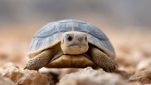 Tortoise's Steadfast Gaze: An intimate portrait of a lone tortoise, its shell a mosaic of textures, navigates a stony terrain, embodying resilience and ancient wisdom.