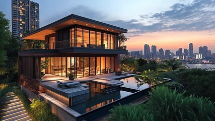 Modern house with sunset view over city skyline