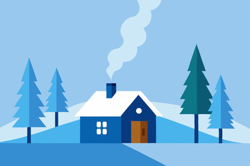 Naklejka premium A festive winter landscape with a cozy house nestled in the snowy forest, perfect for a holiday card illustration