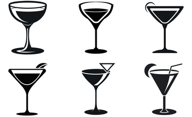 Black and White Graphics of Assorted Cocktail Glasses with Garnishes and Straws Design