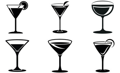 Six Stylized Cocktail Glasses with Garnishes Black and White Illustration for Design