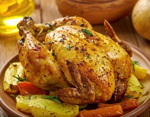 Roasted Chicken With Vegetables On Rustic Plate