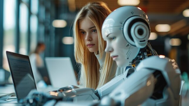 Woman and robot collaborate on laptops in modern office
