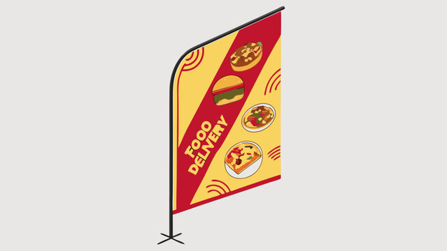 Isometric view of a food delivery banner with burger pizza and other dishes on a yellow and red background