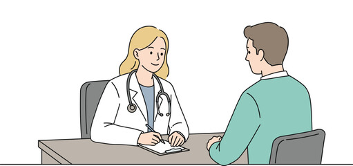 Female doctor consulting male patient at clinic, writing medical notes during appointment, healthcare, diagnosis, checkup, professional medical care and patient communication illustration concept