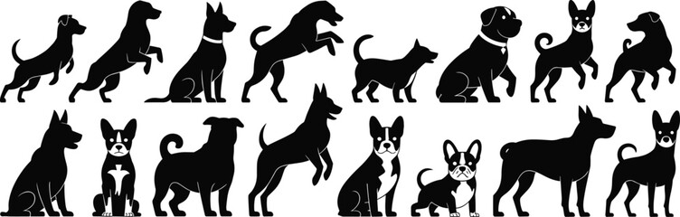 Silhouettes of various dog breeds in different poses, playful and sitting pet dog vector collection, black animal icons isolated on white background for design and decoration