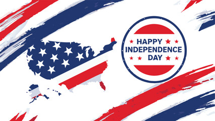 United states map filled with stars and stripes with happy independence day text and red blue brush strokes