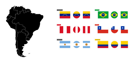 
Vector Map of South America with Editable Countries and Flags – Brazil, Argentina, Chile, Venezuela, Colombia, Peru.