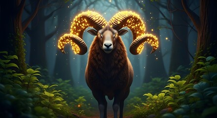 Majestic Ram With Golden Flowers in Spiral Horns Standing in an Enchanted Dark Forest – Cinematic Fantasy Scene