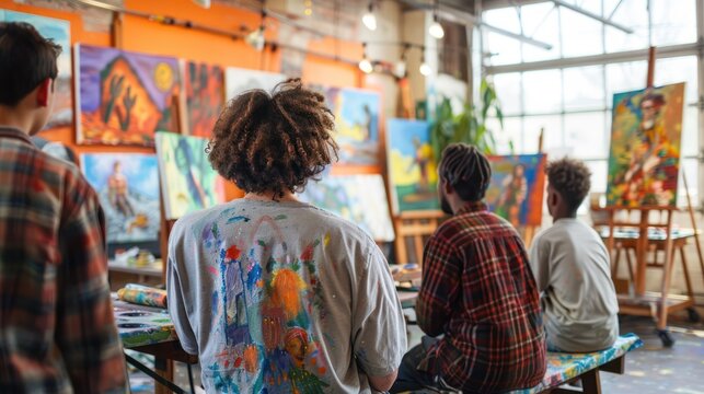 Diverse group of students viewing art in a vibrant studio