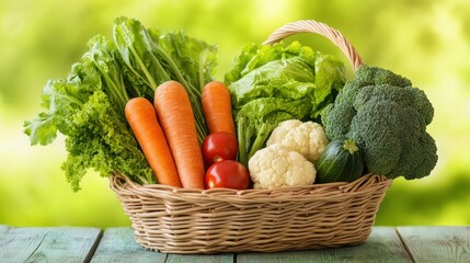 Fresh vegetables including carrots, lettuce, broccoli, tomatoes, and cauliflower arranged in a wicker basket on a wooden surface.