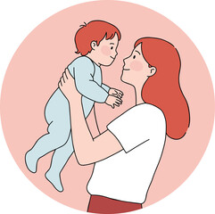 Illustration of loving mother holding baby, happy parenting moment, mother and child bonding in warm colors, family affection, maternal care, emotional connection and motherhood concept
