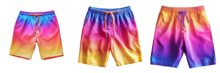 Set of bright summer gradient men's shorts isolated on transparent background PNG