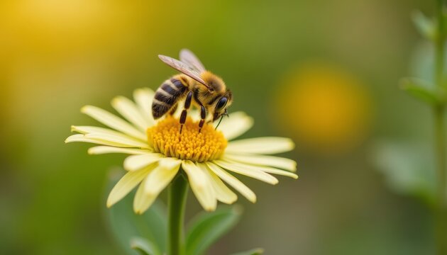 A close-up image of a bee collecting nectar on a yellow daisy flower in nature