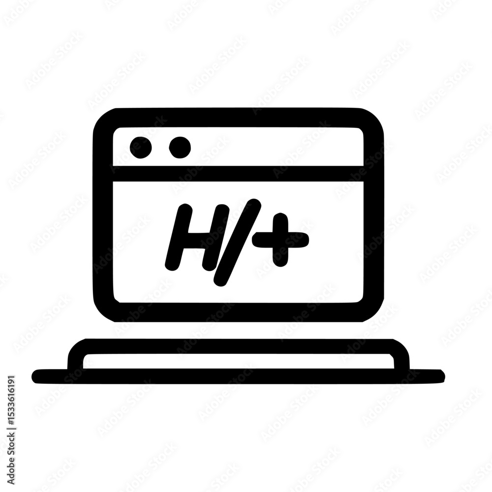 Poster simple black and white icon depicting a computer screen with coding symbols.