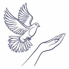 Fototapeta premium Hand releasing a flying dove in outline illustration 