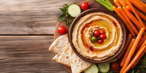 Delicious Creamy Hummus with Pita Bread Fresh Vegetables and Olive Oil
