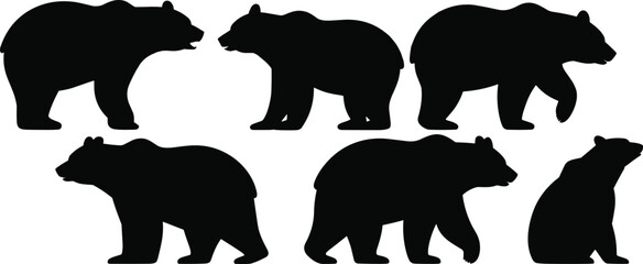 Vector silhouette collection of wild bears in various poses, black bear illustrations isolated on white background for wildlife design, animal studies, and nature-themed graphics