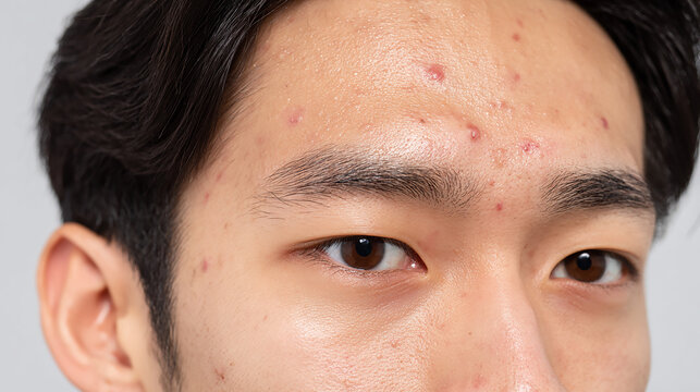 Close up of young man with acne and skin blemishes showing natural skin condition and facial imperfections