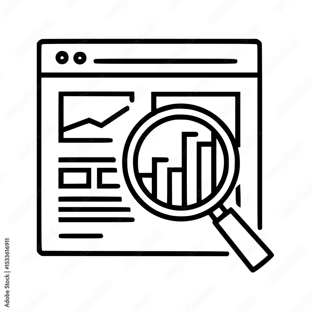 Poster website data analysis with magnifying glass highlighting key performance indicators.
