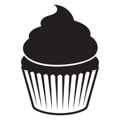 Flat black vector silhouette of a cupcake with frosting and paper wrapper, front-facing minimal shape for dessert or bakery concept